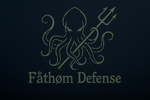 broken dark green outline of a kraken holding a trident at an angle. Dark blue background fading to black at the bottom. With The words Fåthøm Defense in Dark green stylized font that looks like it has a few small barnacles on it.       